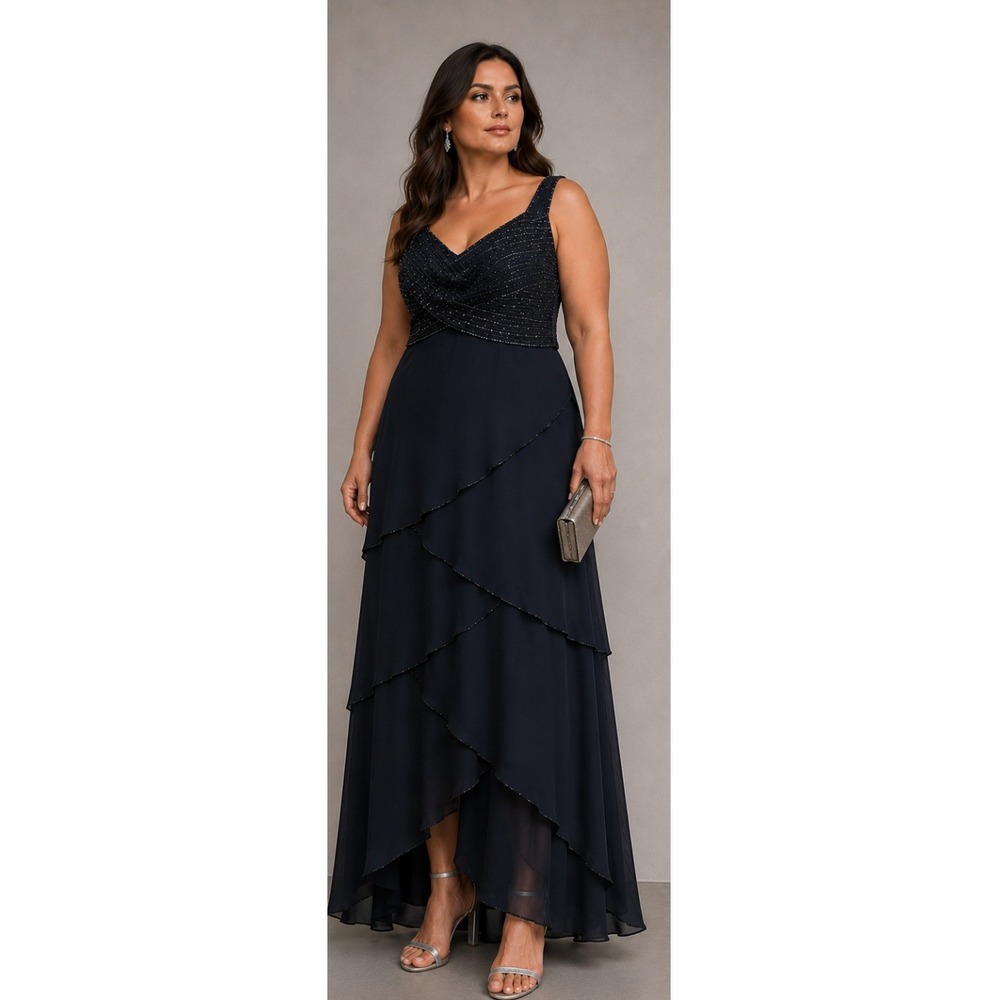 Montage by Mon Cheri Black Dress Gown MOB Sequined Black Tiered 16 - Picture 1 of 8